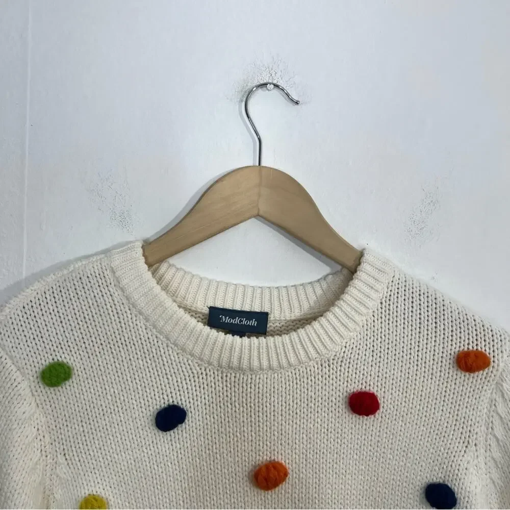 ModCloth Blowing Bubbles Pullover Rainbow Pom Pom White Sweater Size Medium